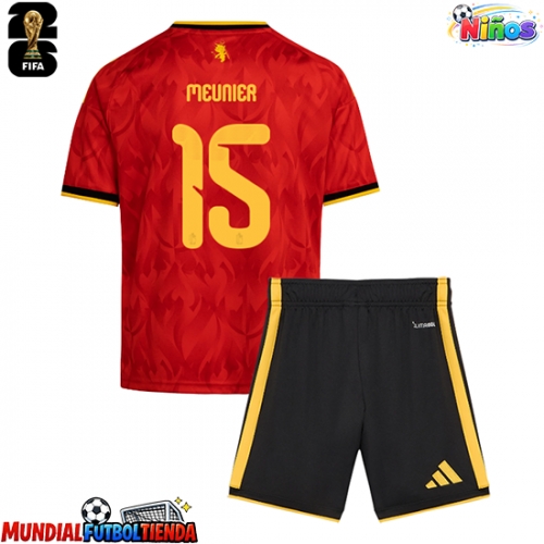 Camiseta Bélgica Thomas Meunier #15 Primera Equipación Replica Mundial 2026 para niños mangas cortas (+ Pantalones cortos)